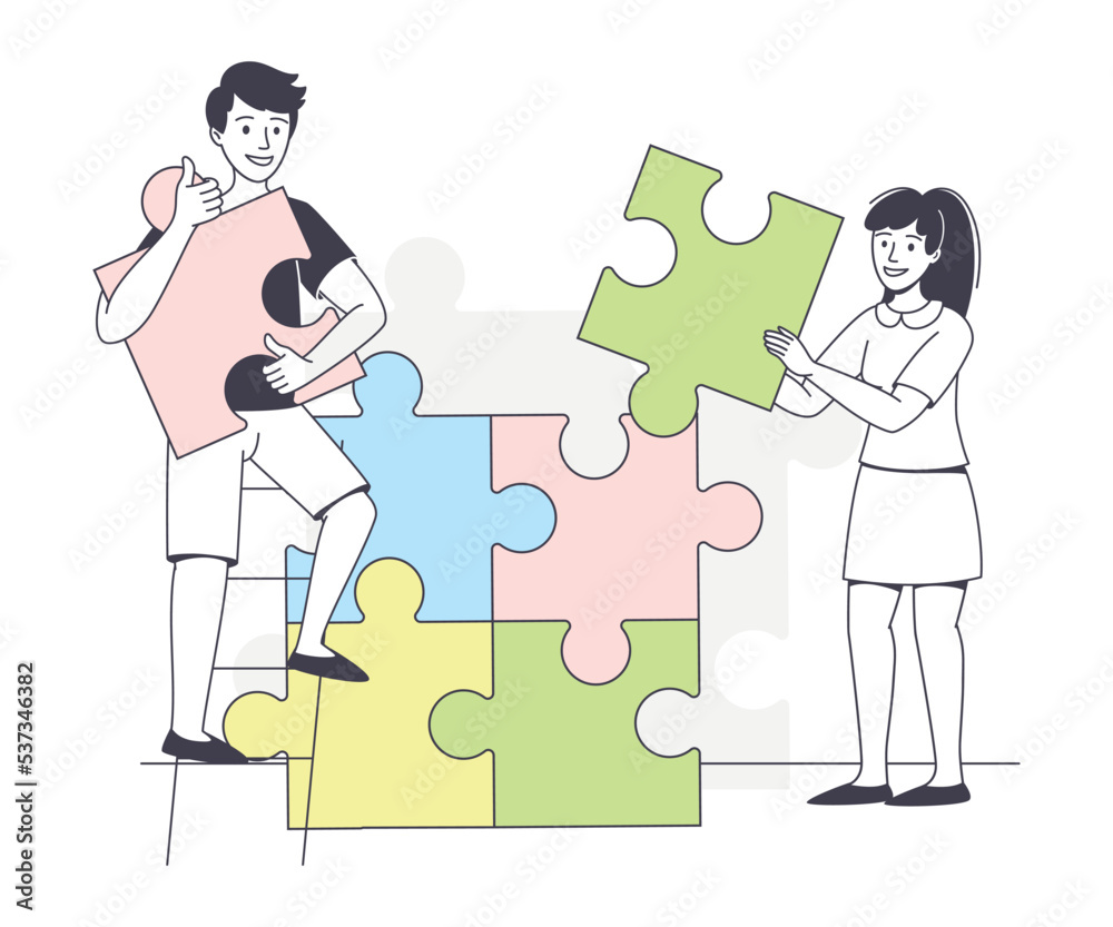 Man and Woman Assembling Jigsaw Puzzle Connecting Mosaiced Pieces Together Vector Illustration