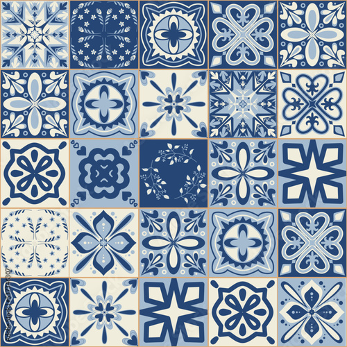 Blue ceramic tiles, vintage portuguese style vector illustration for design