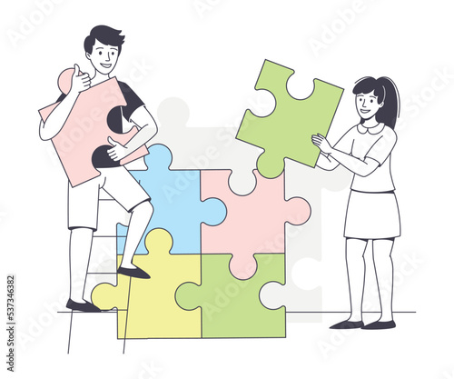 Man and Woman Assembling Jigsaw Puzzle Connecting Mosaiced Pieces Together Vector Illustration
