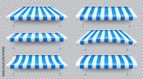 Shop sunshade with metal mount. Realistic blue striped cafe awning. Outdoor market tent. Roof canopy. Summer street store. Vector illustration.