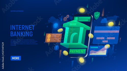 Internet banking concept template. 3d vector illustration with banking app. Concept of smart wallet with an application for payment online. Smartphone payment technology. Security online payment.