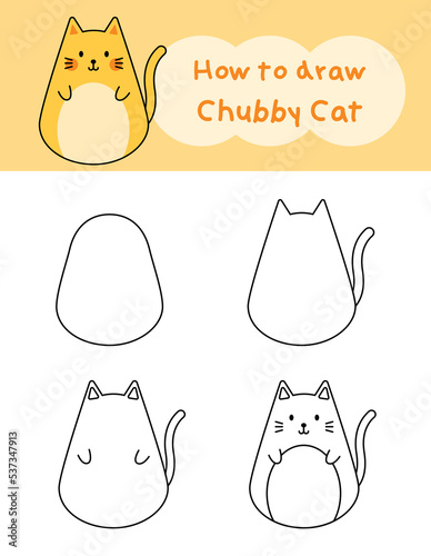 How to draw doodle chubby cat for coloring book. Vector illustration