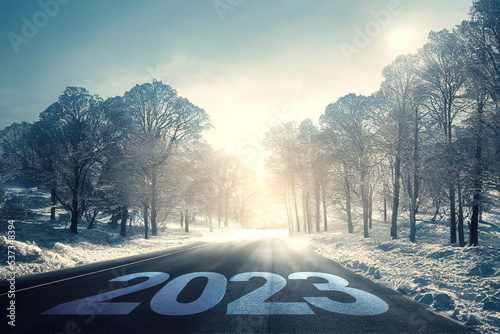 New year 2023, Concept photo written on the road in the middle of asphalt road at morning winter, A conceptual photo of the path leading to a bright future, 3d illustration. photo