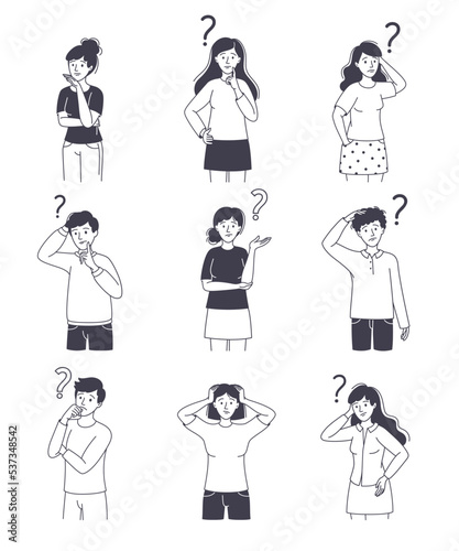 Question with Thoughtful Man and Woman Scratching Head over Riddle Vector Set