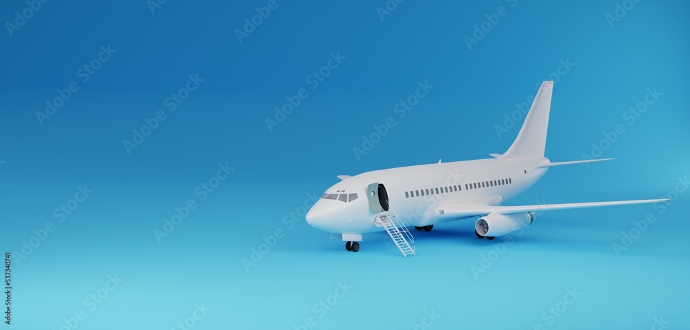 3D illustration, airplane, blue background, copy space, 3D rendering.