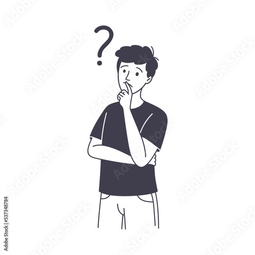 Question with Thoughtful Man Character Scratching Head over Riddle Outline Vector Illustration