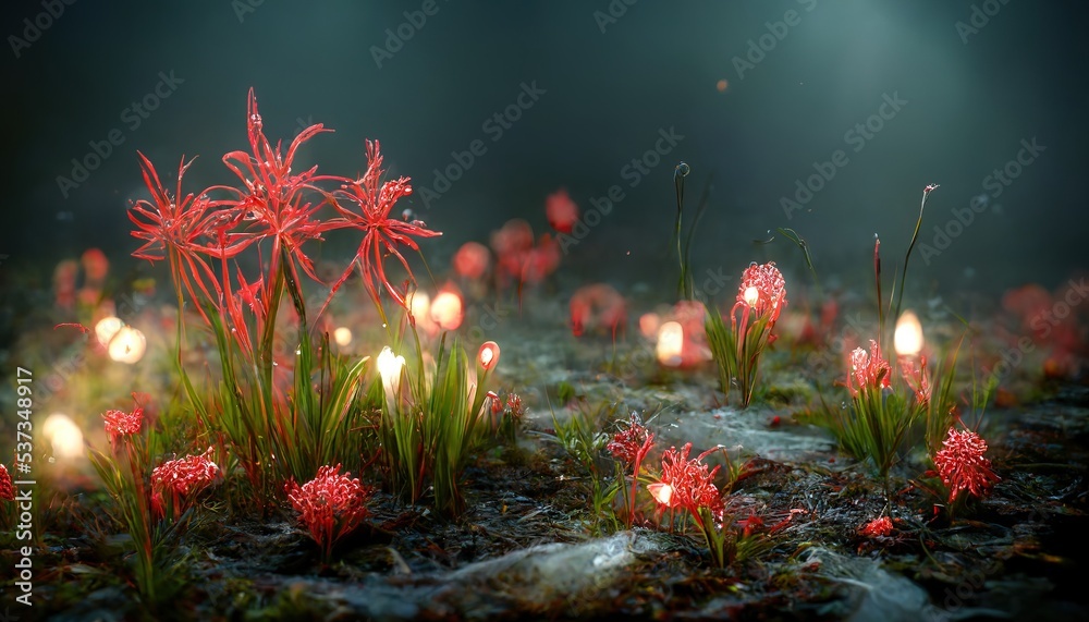 red Lycoris. glowing crystalized red Lycoris. concept art. fantasy