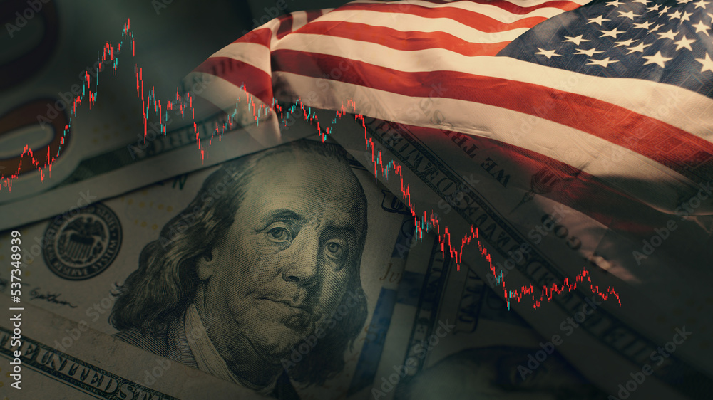 © TEERAPONG - Stock market trading graph in red color economy. usa flag dollar bill background. Trading trends and economic development. Effect of recession on US economy. Stock crash market exchange loss trading
