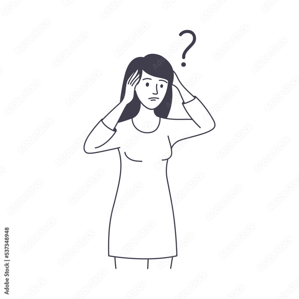 Question with Thoughtful Woman Scratching Head over Riddle Vector Illustration Question with Thoughtful Woman Scratching Head over Riddle Vector Illustration