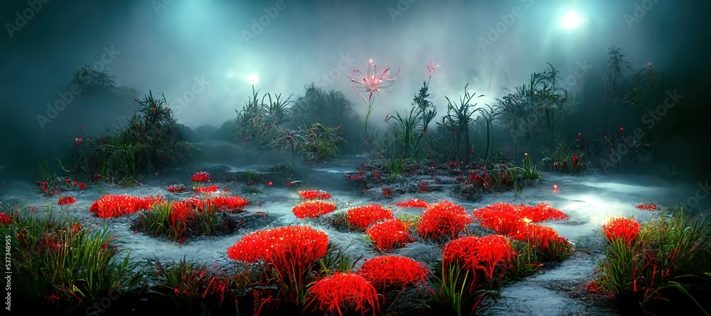 red Lycoris. glowing crystalized red Lycoris. concept art. fantasy
