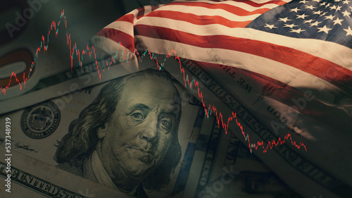 Stock market trading graph in red color economy. usa flag dollar bill background. Trading trends and economic development. Effect of recession on US economy. Stock crash market exchange loss trading