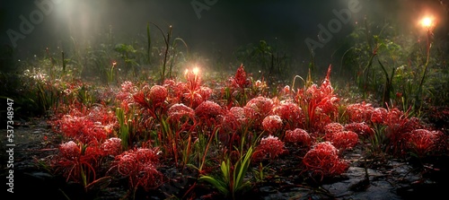 red Lycoris. glowing crystalized red Lycoris. concept art. fantasy. fantasy scenery photo