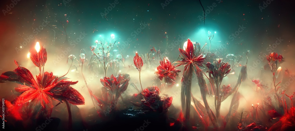 red Lycoris. glowing crystalized red Lycoris. concept art. fantasy