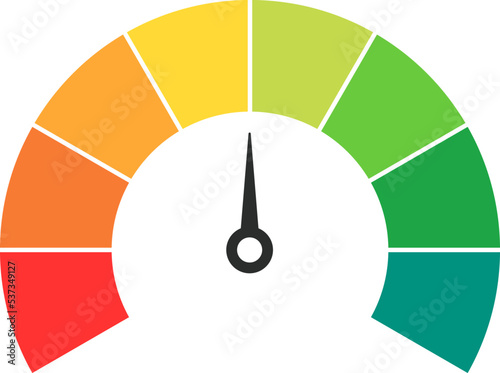 Vector speedometer meter with arrow for dashboard with green, yellow, red indicators. Gauge of tachometer. Low, medium, high and risk levels. Bitcoin fear and greed index cryptocurrency