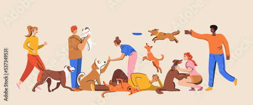 People pets composition and doodle style people walking with their pets vector illustration.  Community of dog lovers. Flat graphic vector illustration isolated on a solid background © AnChem07