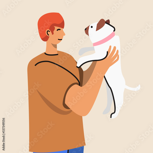 Illustration of  man loving his pug. Dog owner holding puppy and smiling happy. Vector illustration in flat cartoon style.