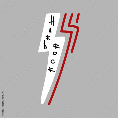 Isolated black hard rock graffiti tag on white lightning with red sparks. Handwritten phrase for design t-shirt, postcard, prints, stickers or social media. Vector illustration.