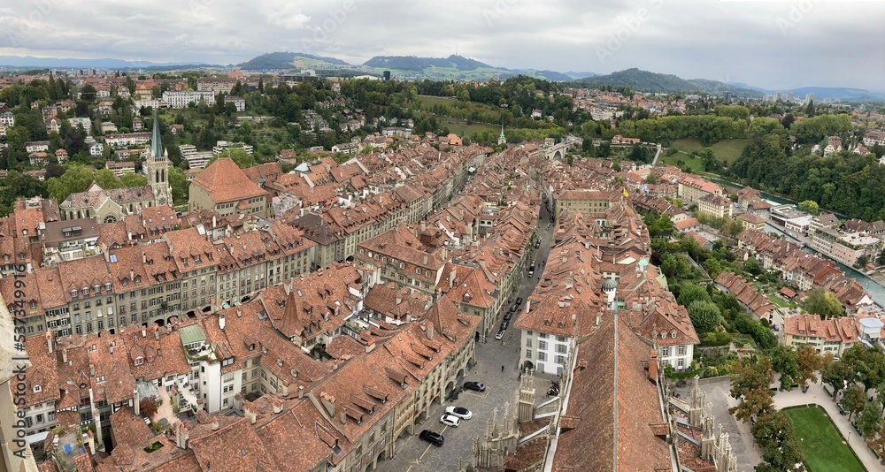 Old buildings in Switzerland. Switzerland city center Bern old building made of red bricks. Building rooftop from brick. City landscape in the summer day. Europe Swiss city center. Architecture house.