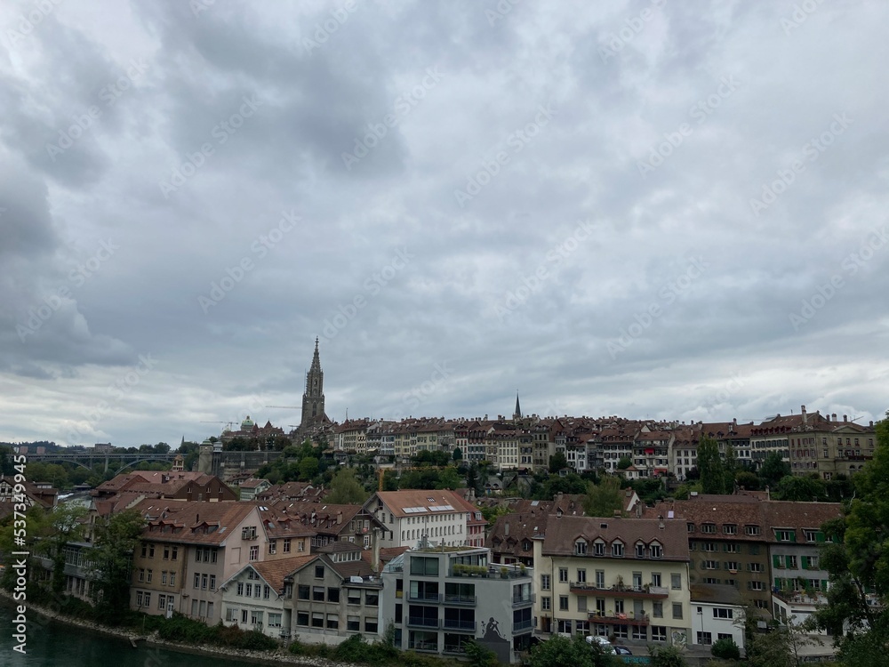 Old buildings in Switzerland. Switzerland city center Bern old building made of red bricks. Building rooftop from brick. City landscape in the summer day. Europe Swiss city center. Architecture house.