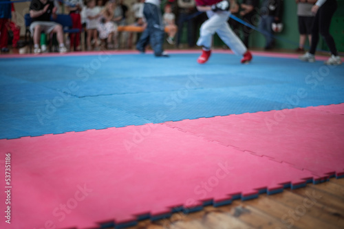 Blue pink coating tatami in the martial arts hall with blurry athletes in the background. Background for karate, aikido, taekwondo.