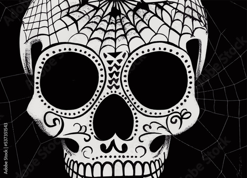 A landscape closeup illustration of a skull and spiderwebs  for "dia de los muertos", "Day of the dead".