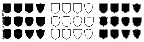 Shield icons flat vector set. Shield shape silhouette and outline collection. 