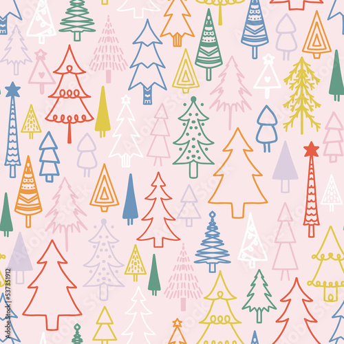 Colorful christmas holiday trees seamless repeat pattern. Doodled, vector fir forest all over suface print on pink background.