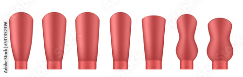 Set of red cosmetic tubes. Realistic mockup. Korean packaging. Lotion or shower gel. Conditioner or hair mask