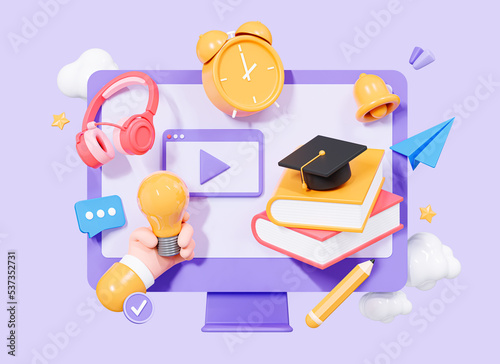 3D Online education. E-learning concept. Internet school with computer monitor and stationery. Web seminar or webinar. Cartoon creative design illustration isolated on purple background. 3D Rendering photo