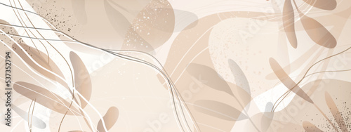 Soft brown and beige background in soothing hues with tropical leaves and abstract shapes. Vector illustration for text, banners, wallpapers, background, sales, discounts, promotions, etc.