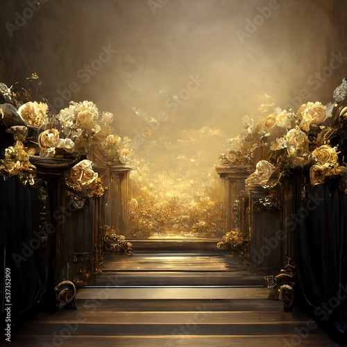 Foto Fabulous Magic solemn golden background with elements of landscape and architecture Ai generated
