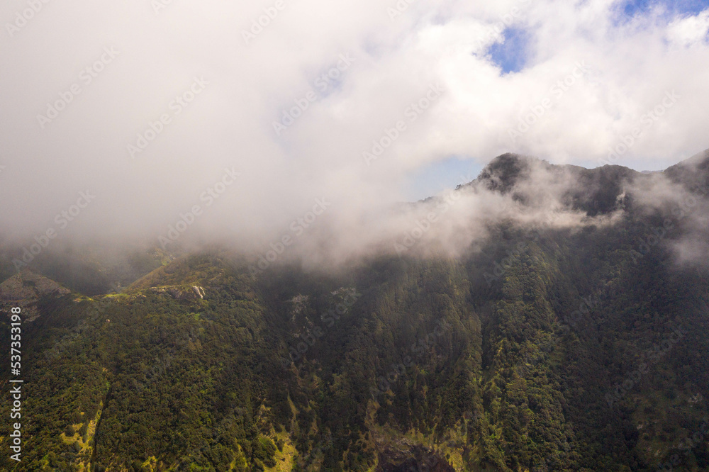 Drone photography of Madeira island cloudy mountains
