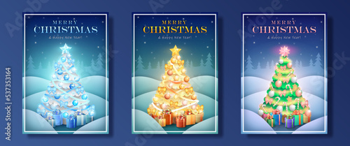 Holiday greeting cards with bright Xmas trees. Golden, silver and pink firs with gifts and decorations: baubles, bows, tinsel, gingerbread, candycane, ribbon and shiny star on winter forest background