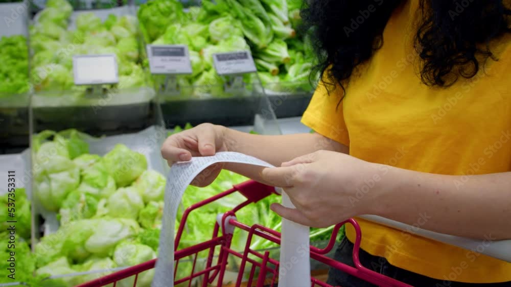 Woman checks paper check after shopping for groceries at mall by ...