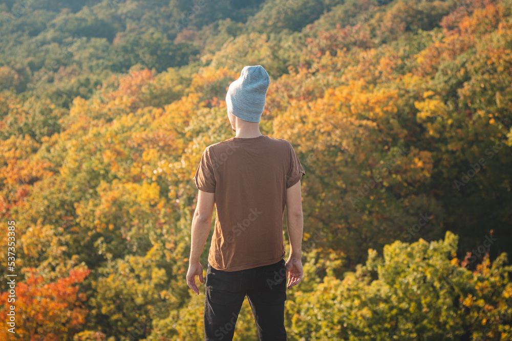 Attractive youthful man in a brown t-shirt and gray cap stands on a rock and looks at the leafy trees playing with all the colors of autumn. Wild Sarka, Prague, Czech Republic
