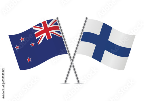 New Zealand and Finland crossed flags. New Zealand and Finnish flags on white background. Vector icon set. Vector illustration.