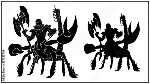 Isolated silhouette of an Arab nomad warrior in armor with sharp spikes and claws without background. Fantasy character, scorpion man in a hood with a big axe in his hand in full height, 2d art.