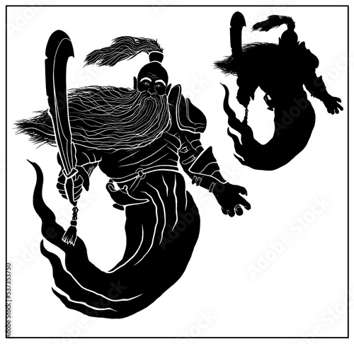 The silhouette of the good old djinn in armor in full growth, without a background. A fantasy character with a long, thick beard and hair, with a magic lamp on his belt and a large sword in his hand.