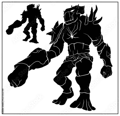 Silhouette of a giant in armor with spikes on his shoulder in full growth without background. A fantasy character, huge monster in a mask with a long arm in motion, 2d vector illustration.