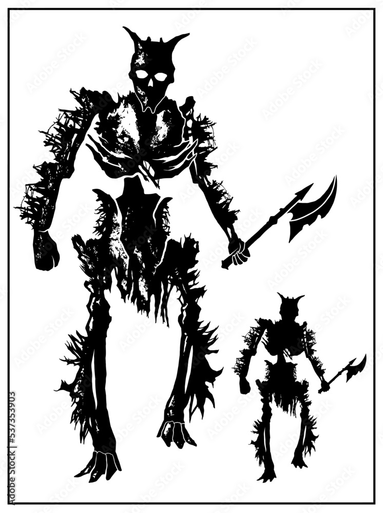 Silhouette of a dark character, zombie with sharp branches and horns in full growth without a background. Skeleton in rags with protruding ribs and an ax in his hand, 2d vector illustration.
