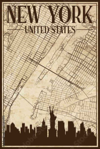 Brown vintage hand-drawn printout streets network map of the downtown NEW YORK CITY, UNITED STATES OF AMERICA with brown 3D city skyline and lettering