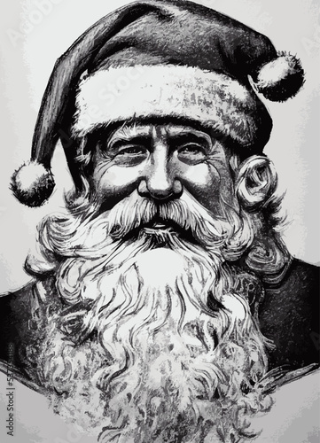 A Black and white drawing sketch of Santa Claus smiling