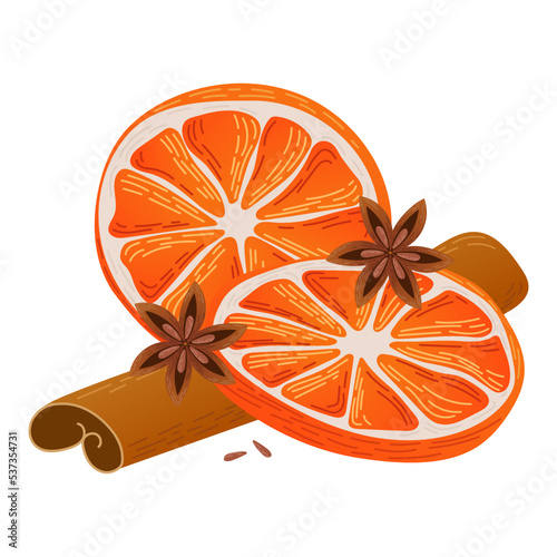 Orange slices with cinnamon and anise. Mulled wine. Flavorful ingredients in flat style.
