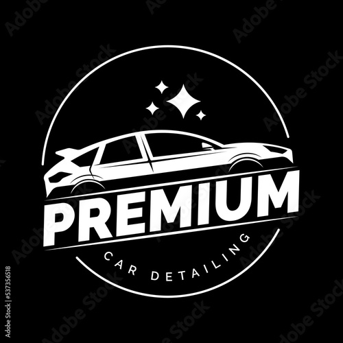Logo with a silhouette of a car in a circle. Car wash car service. Car detailing. Vector logo template.