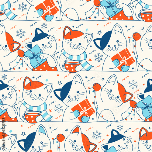 Merry Christmas seamless pattern with cute hand drawn colorful kittens. Nursery baby vector illustration, surface design, wrapping paper art.
