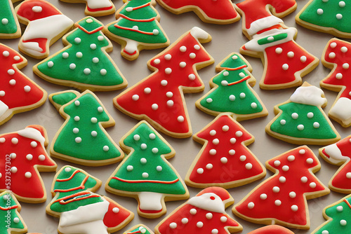 Red and green christmas cookies with icing as seamless pattern