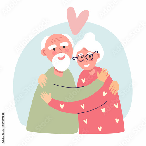 An elderly couple, grandfather and grandmother hug each other with love.