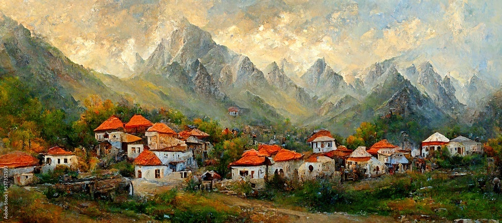 Village in Mountains of Georgia, Idyllic Landscape - Digital Art, 3D ...
