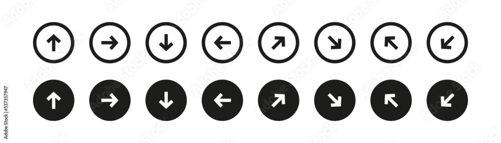Arrow vector icon set. Circle arrow symbol. Set of arrows in a circle . Flat vector arrow collection. Arrow vector icon set. Circle arrow symbol. Set of arrows in a circle . Flat vector arrow collection.