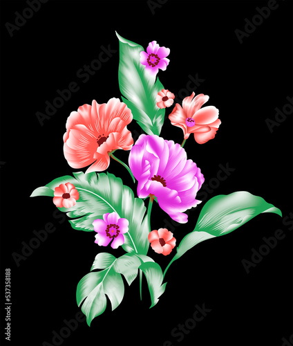 beautiful floral digital art illustration, textile flower with leave bunch motif